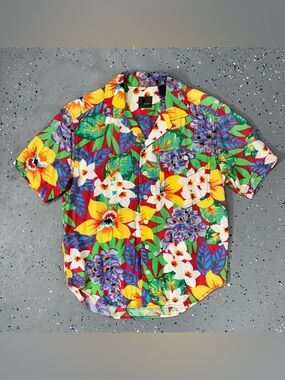 Vintage 80s Hawaiian Floral Rayon Camp Shirt Trad Preppy Resortwear P Petite